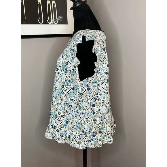 Solitaire Embroidered Eyelet Babydoll Top Peplum Ruffles Blue Green Floral XL - Picture 5 of 10